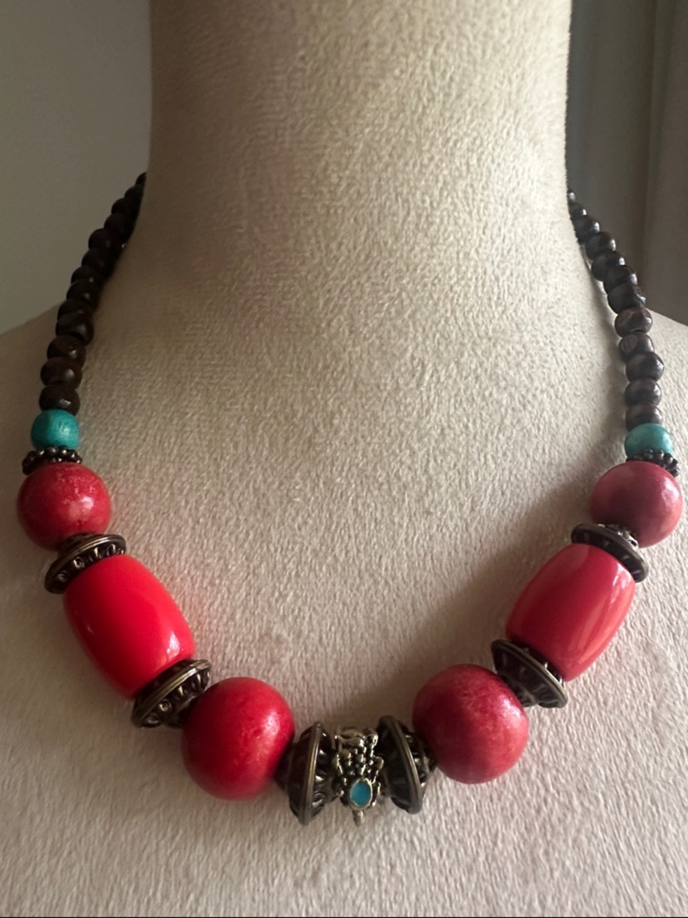 Bohemian Wooden Red Bead Statement Necklace - Women Jewelry